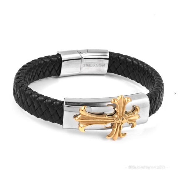 Other - Black Woven Microfiber Leather Cross Bracelet